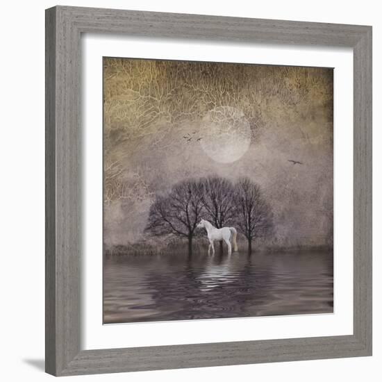 White Horse in Pond-Dawne Polis-Framed Art Print