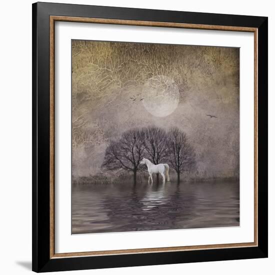 White Horse in Pond-Dawne Polis-Framed Art Print