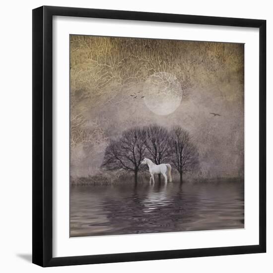 White Horse in Pond-Dawne Polis-Framed Art Print