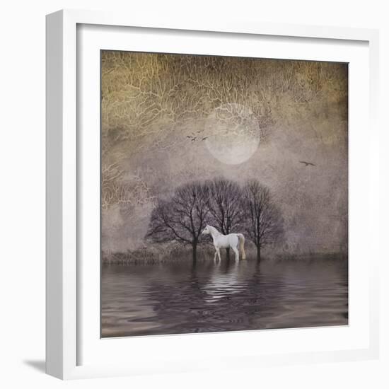 White Horse in Pond-Dawne Polis-Framed Art Print