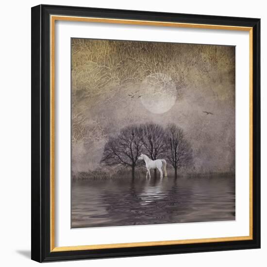 White Horse in Pond-Dawne Polis-Framed Art Print