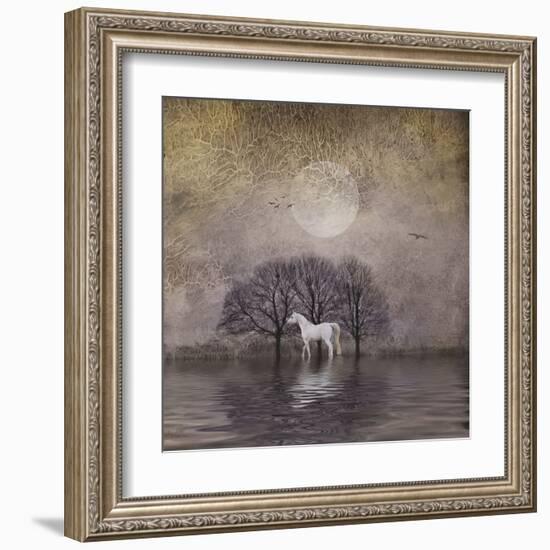 White Horse in Pond-Dawne Polis-Framed Art Print