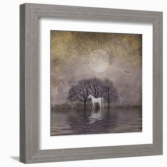 White Horse in Pond-Dawne Polis-Framed Art Print