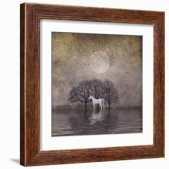 White Horse in Pond-Dawne Polis-Framed Art Print