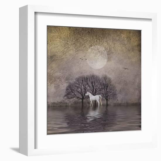 White Horse in Pond-Dawne Polis-Framed Art Print