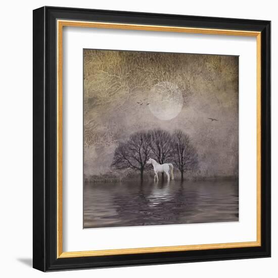 White Horse in Pond-Dawne Polis-Framed Art Print