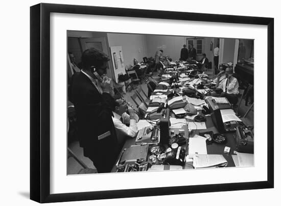 White House Press Room During President Lyndon Johnson's Gall Bladder Surgery, 1965-null-Framed Photo