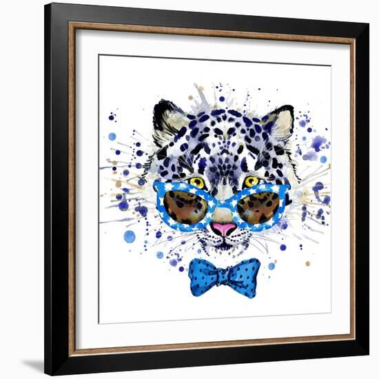 White Leopard T-Shirt Graphics. Cool Leopard Illustration with Splash Watercolor Textured Backgrou-Dabrynina Alena-Framed Art Print