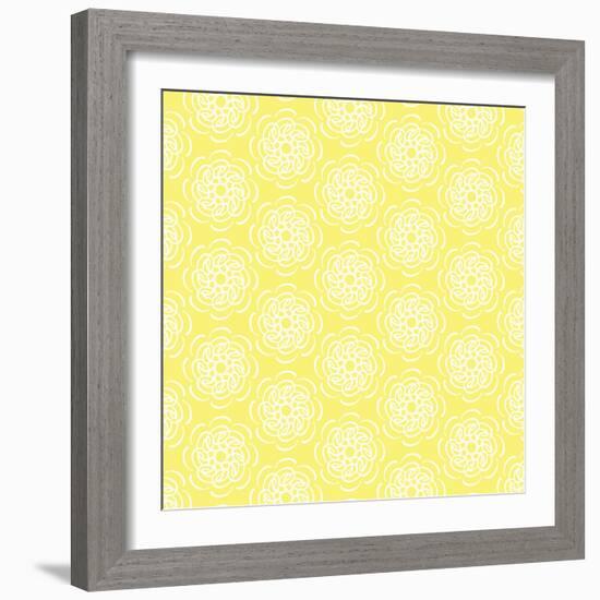 White Line Flower Circular Pattern on Yellow Background-amovita-Framed Art Print