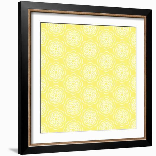 White Line Flower Circular Pattern on Yellow Background-amovita-Framed Art Print