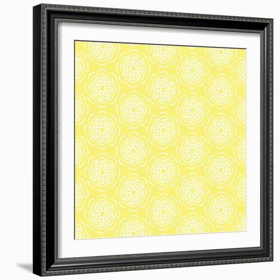 White Line Flower Circular Pattern on Yellow Background-amovita-Framed Art Print