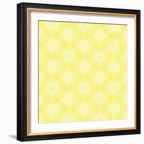 White Line Flower Circular Pattern on Yellow Background-amovita-Framed Art Print