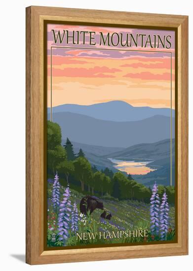 White Mountains, New Hampshire - Bears and Spring Flowers-Lantern Press-Framed Stretched Canvas