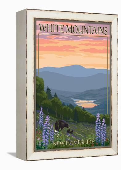 White Mountains, New Hampshire - Bears and Spring Flowers-Lantern Press-Framed Stretched Canvas