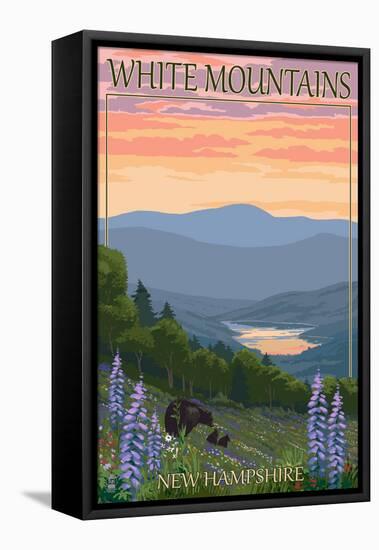 White Mountains, New Hampshire - Bears and Spring Flowers-Lantern Press-Framed Stretched Canvas