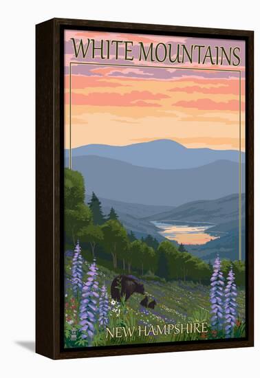 White Mountains, New Hampshire - Bears and Spring Flowers-Lantern Press-Framed Stretched Canvas