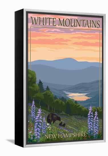 White Mountains, New Hampshire - Bears and Spring Flowers-Lantern Press-Framed Stretched Canvas