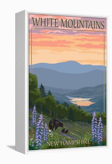 White Mountains, New Hampshire - Bears and Spring Flowers-Lantern Press-Framed Stretched Canvas