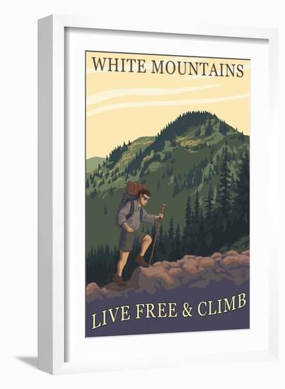 White Mountains, New Hampshire - Live Free and Climb Hiker Scene-Lantern Press-Framed Premium Giclee Print