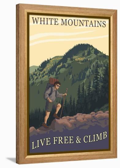 White Mountains, New Hampshire - Live Free and Climb Hiker Scene-Lantern Press-Framed Stretched Canvas