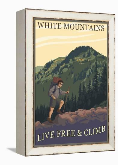 White Mountains, New Hampshire - Live Free and Climb Hiker Scene-Lantern Press-Framed Stretched Canvas