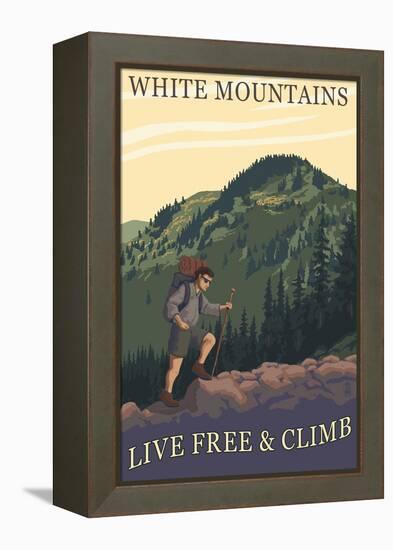 White Mountains, New Hampshire - Live Free and Climb Hiker Scene-Lantern Press-Framed Stretched Canvas