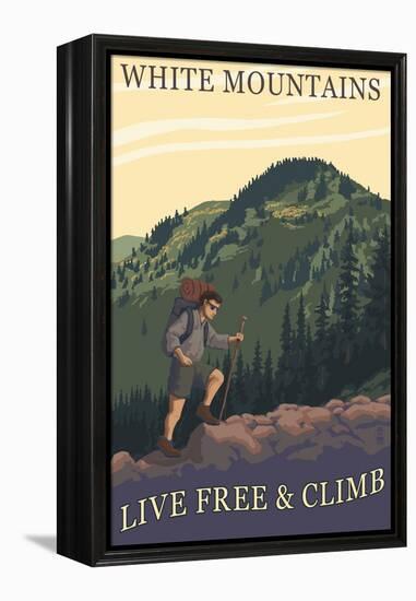 White Mountains, New Hampshire - Live Free and Climb Hiker Scene-Lantern Press-Framed Stretched Canvas