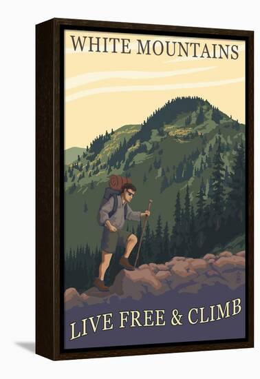 White Mountains, New Hampshire - Live Free and Climb Hiker Scene-Lantern Press-Framed Stretched Canvas