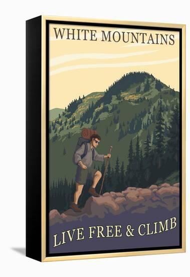 White Mountains, New Hampshire - Live Free and Climb Hiker Scene-Lantern Press-Framed Stretched Canvas