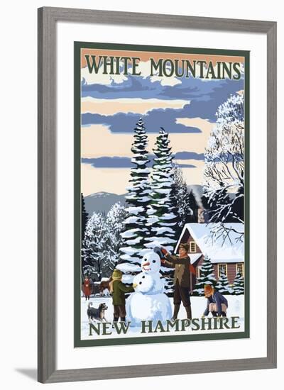 White Mountains, New Hampshire - Snowman and Cabin-Lantern Press-Framed Art Print