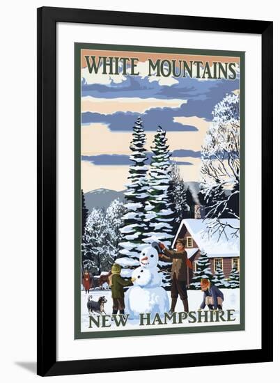 White Mountains, New Hampshire - Snowman and Cabin-Lantern Press-Framed Art Print