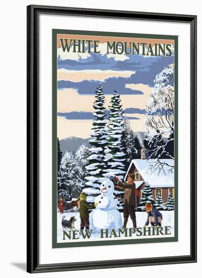 White Mountains, New Hampshire - Snowman and Cabin-Lantern Press-Framed Art Print