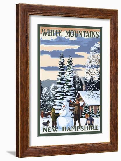 White Mountains, New Hampshire - Snowman and Cabin-Lantern Press-Framed Art Print