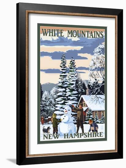 White Mountains, New Hampshire - Snowman and Cabin-Lantern Press-Framed Art Print