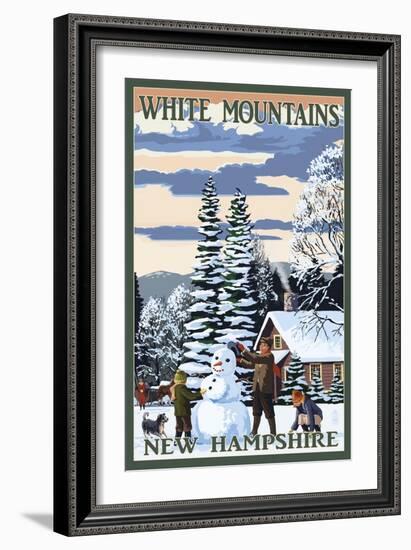 White Mountains, New Hampshire - Snowman and Cabin-Lantern Press-Framed Art Print