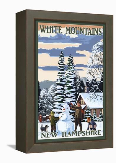 White Mountains, New Hampshire - Snowman and Cabin-Lantern Press-Framed Stretched Canvas