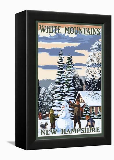 White Mountains, New Hampshire - Snowman and Cabin-Lantern Press-Framed Stretched Canvas