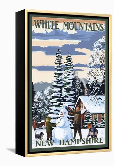 White Mountains, New Hampshire - Snowman and Cabin-Lantern Press-Framed Stretched Canvas