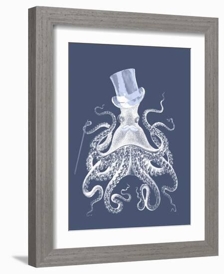 White Octopus on Indigo Blue b-Fab Funky-Framed Art Print