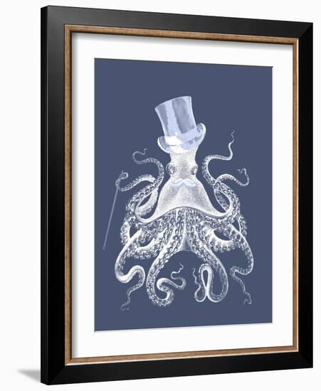 White Octopus on Indigo Blue b-Fab Funky-Framed Art Print