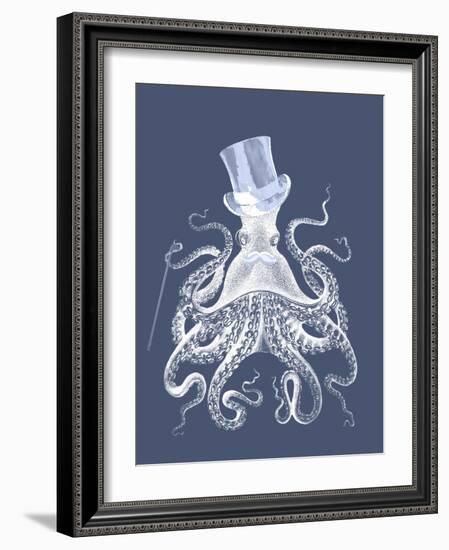 White Octopus on Indigo Blue b-Fab Funky-Framed Art Print