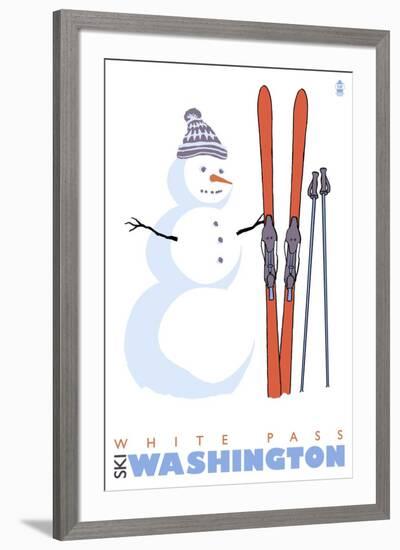 White Pass, Washington, Snowman with Skis-Lantern Press-Framed Art Print