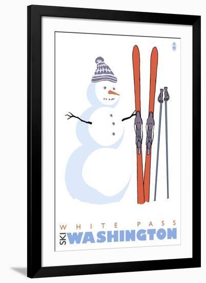 White Pass, Washington, Snowman with Skis-Lantern Press-Framed Art Print