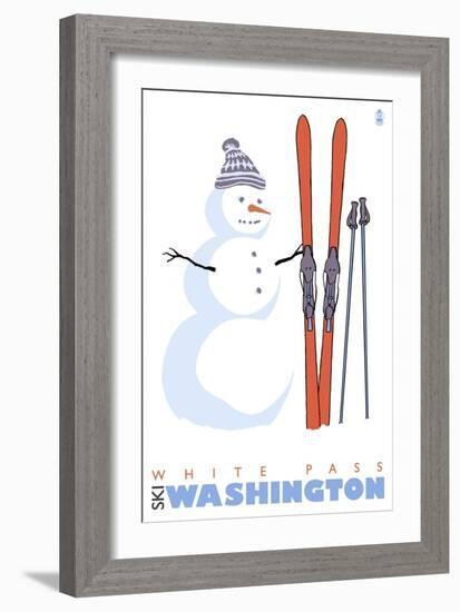 White Pass, Washington, Snowman with Skis-Lantern Press-Framed Premium Giclee Print