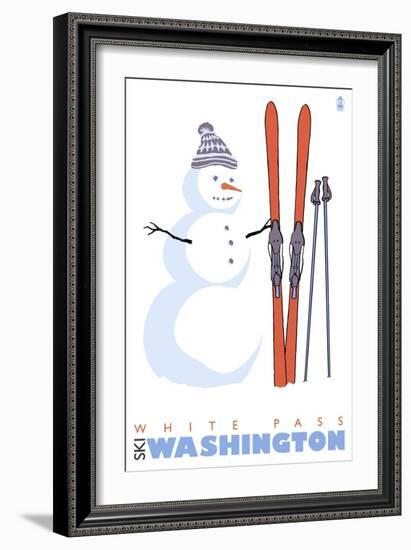 White Pass, Washington, Snowman with Skis-Lantern Press-Framed Premium Giclee Print
