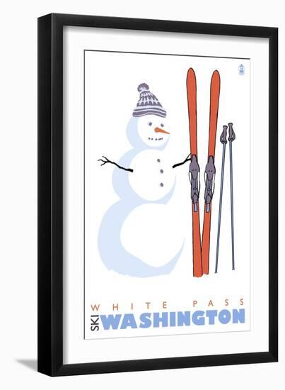 White Pass, Washington, Snowman with Skis-Lantern Press-Framed Art Print