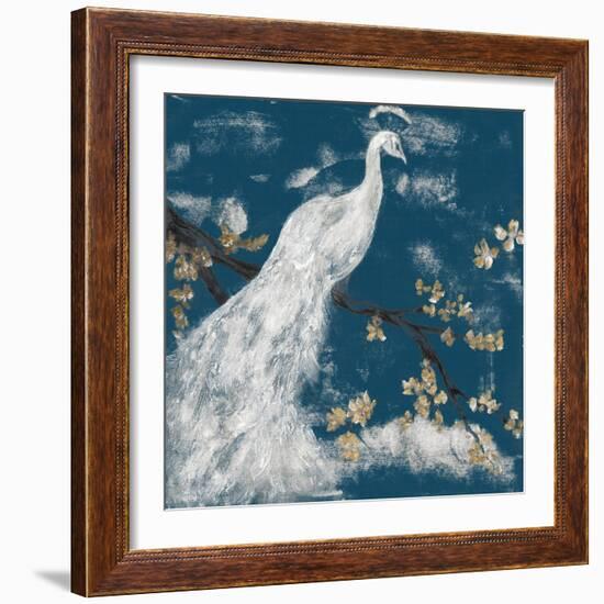 White Peacock on Indigo I-Jennifer Goldberger-Framed Art Print