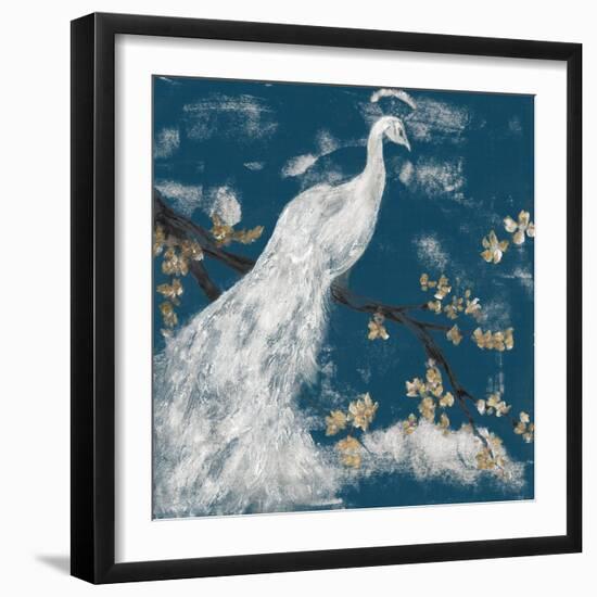 White Peacock on Indigo I-Jennifer Goldberger-Framed Art Print