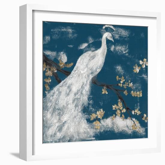 White Peacock on Indigo I-Jennifer Goldberger-Framed Art Print