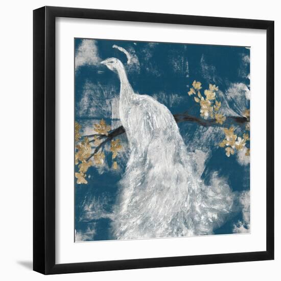 White Peacock on Indigo II-Jennifer Goldberger-Framed Art Print